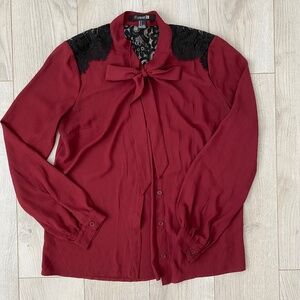 Burgundy Tie Front Bow Long Sleeve Blouse with Black Lace
